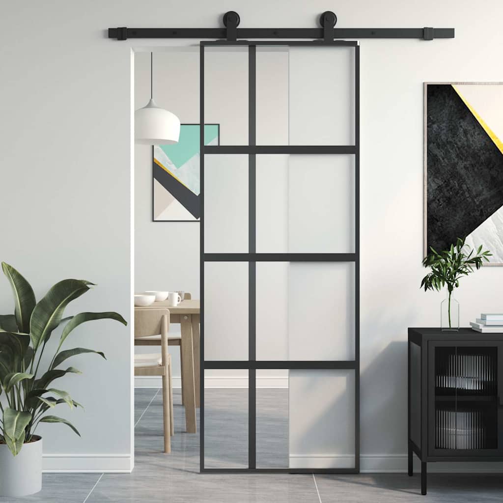Vidaxl Drzwi Przesuwne, Czarne, 76X205 Cm, Szkło Hartowane, Aluminium