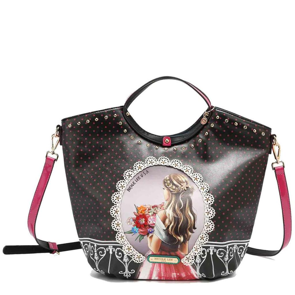 NICOLE LEE WY16076 ЖДУ ТЕБЯ Черный Розовый Сумка с Круглой Ручкой Корзина Форма Плечо Веганская Кожа Веганский Цветочный Букет Девушка Большая ЦУР