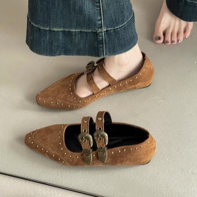 Ретро туфли Мэри Джейн с острым носком и пряжкой на одно слово, осенняя мода, французское чувство дизайна, туфли-клинья с заклепками, женская обувь