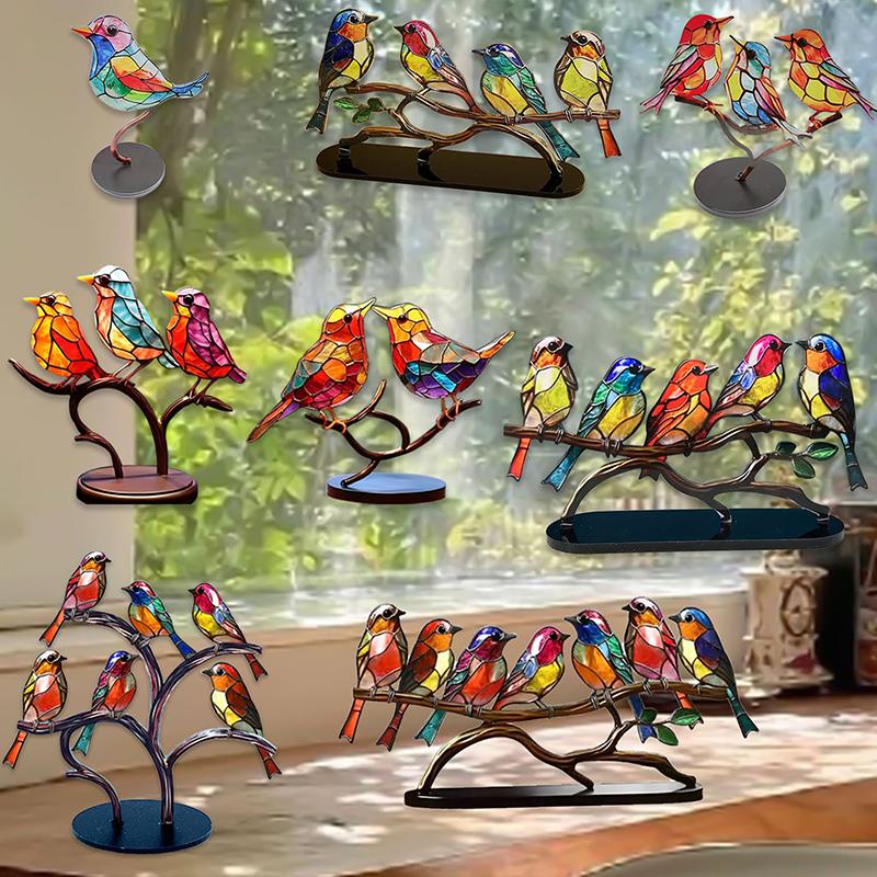 Stained Acrylic Birds On Branch Desktop Ornaments, Double Sided Multicolor Style Birds Craft Statue Desktop Ornaments