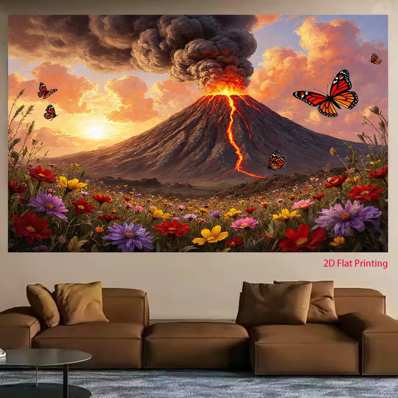 2D Volcano Lava Flow with Flowers Photography Background