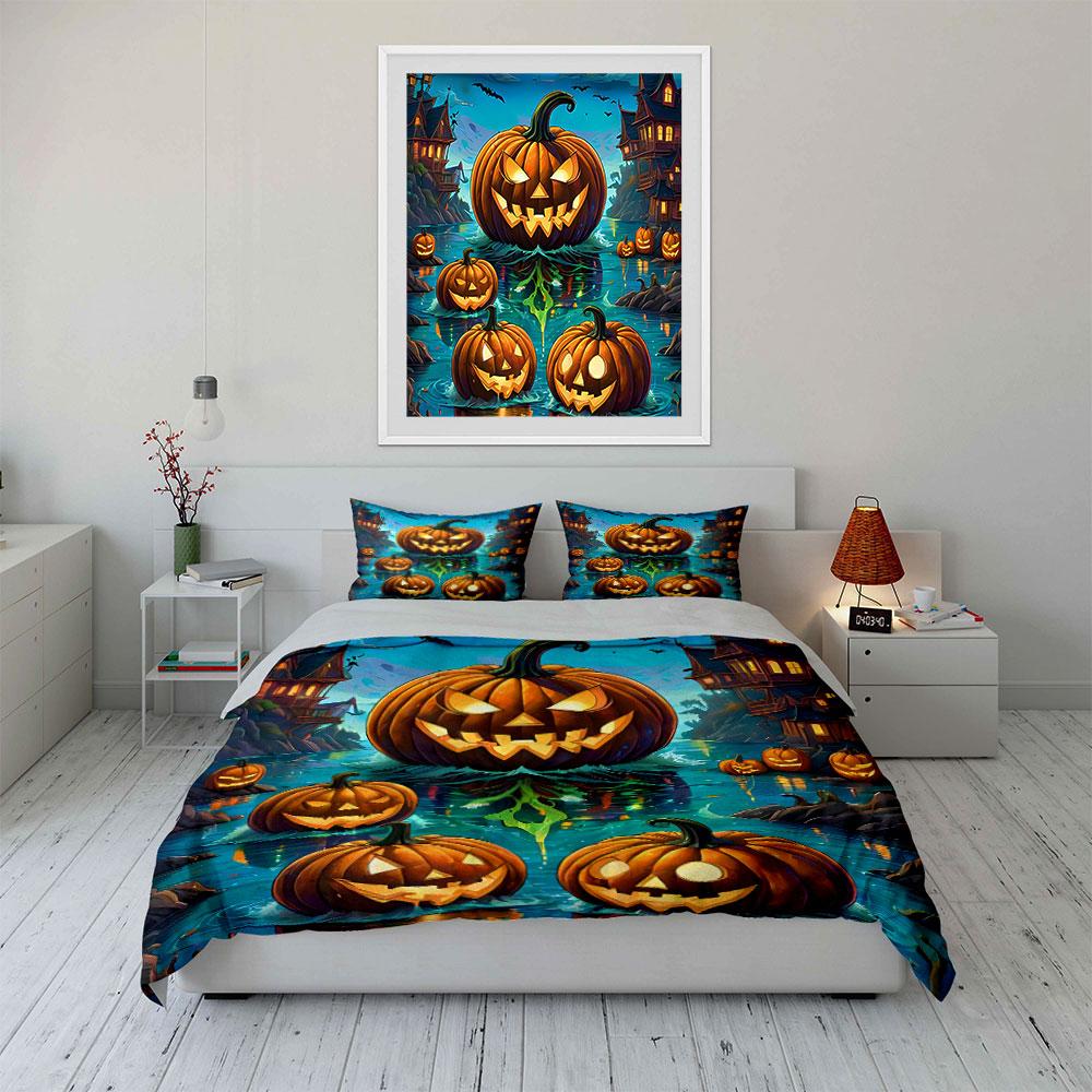 Haunted Pumpkin Halloween Scene Bedding Duvet Cover Set Duvet Cover Pillowcases (1*Duvet Cover 2*Pillowcases, without duvet insert)