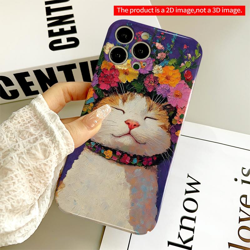 2DFlat Floral Crown Cat Art Phone Case All inclusive film hard iPhone case, compatible with iPhone 18 Pro Max 17 16 15 14 13 12 11