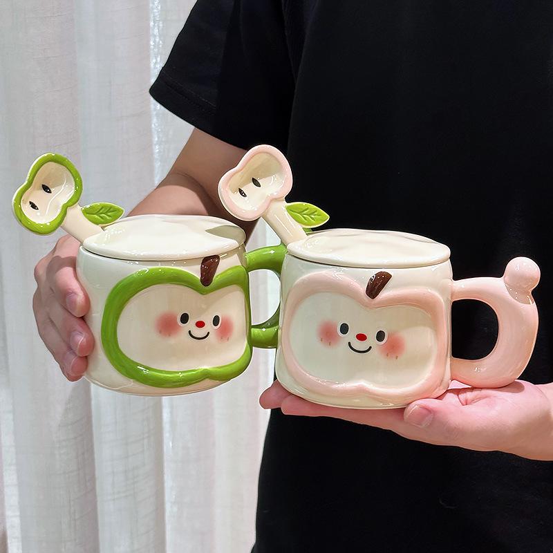 Cute Apple Ceramic Mug with Lid Spoon Men and Women High Looking Couples Office and Household Drinking Water Birthday Gift