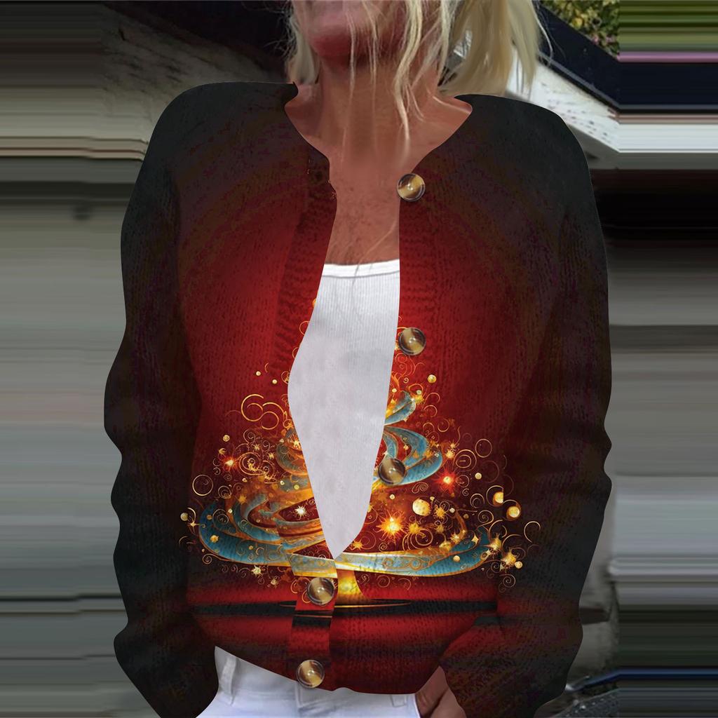 Women's Fashion Christmas Printed Long Sleeve Knitted Cardigan Button Down Jacket