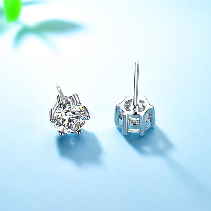 Simulated Moissanite One-Carat Princess Crown Six-Claw Silver Earrings