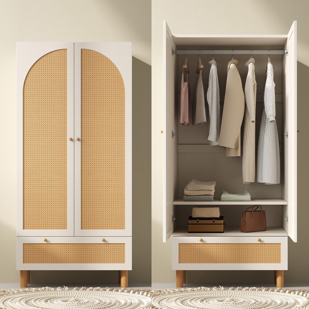 Wardrobe Cabinet with 2 Doors & Rattan, Country Style White, Drawer, Height-Adjustable Shelves & Clothes Rail, Anti-Tip Device, 180x85x52 cm (H/W/D)