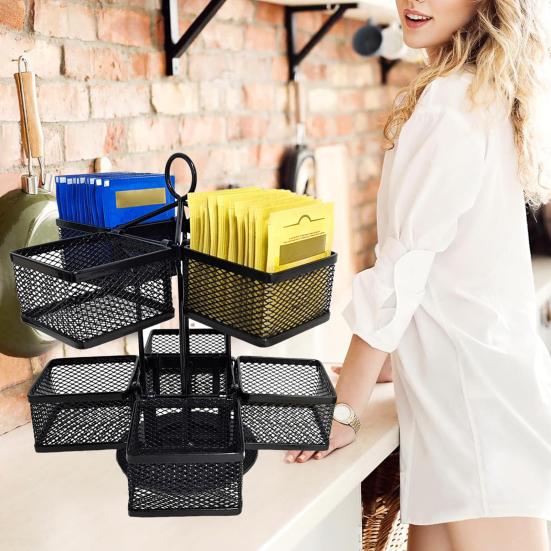 Tea Bag Organizer 2 Tier Metal Tea Bag Storage Holder with 8 Compartments Rotating Tea Bag Caddy for Kitchen Counter Up To 96 Tea Bags Storage