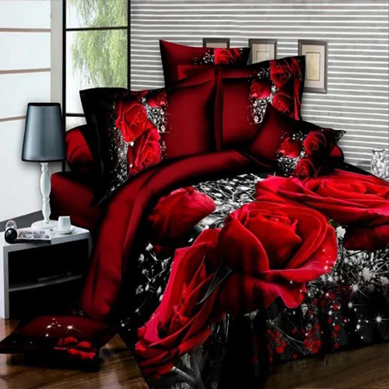 4 PCS 3D Big Red Rose Floral Bedding Sets Wedding Duvet Cover Sheet Pillow Cases Double Bed Sheet Comforter Quilt King Size