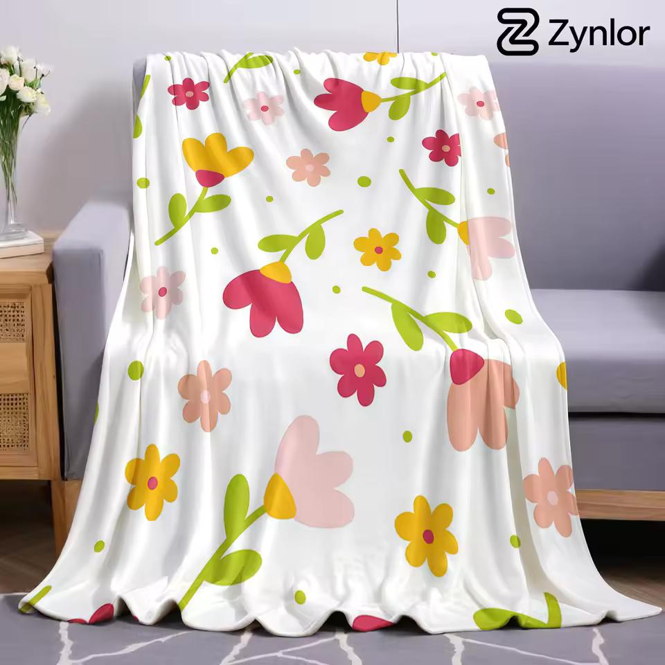 Simple Folk Flower Cartoon Anime Print Flannel Blanket Soft Warm Throw for Kids Bedroom Sofa Bed Christmas Office Car