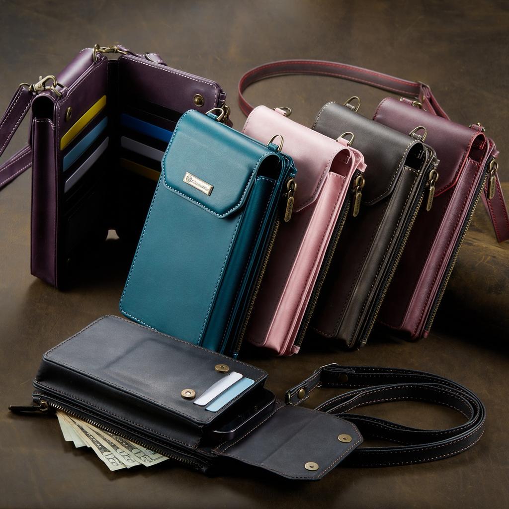 Multi-function Cellphone PU Leather 9 Card Slots Wallet Case with 2 Ropes for iPhone Samsung Xiaomi Anti-theft Brush Universal Size Zipper Bag