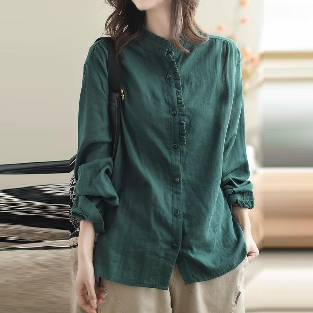 Винтажные рубашки и блузки из хлопка и льна, летние и осенние, повседневные рубашки с длинным рукавом, рубашки с оборками и пуговицами, свободные блузки, топы