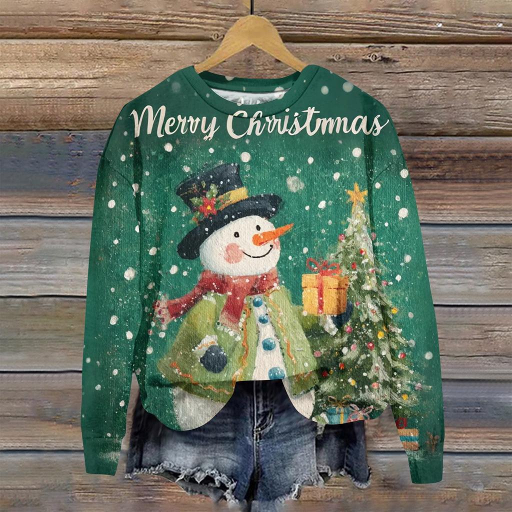 Women's Fashion Christmas Printed Long Sleeve Loose Round Neck Sweatshirt Top