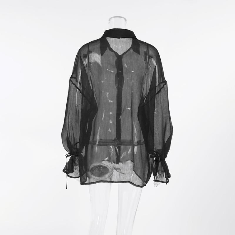 Модная сексуальная прозрачная повседневная свободная рубашка женская винтажная с рукавами-фонариками на шнуровке женские блузки элегантные тонкие летние топы женская одежда 26255
