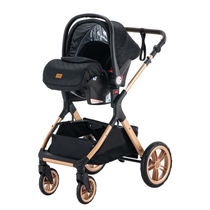 YAZOCO - Poussette combinée 3en1 - Avec nacelle-siège auto - Jusqu'à 15Kg - Or-Noir