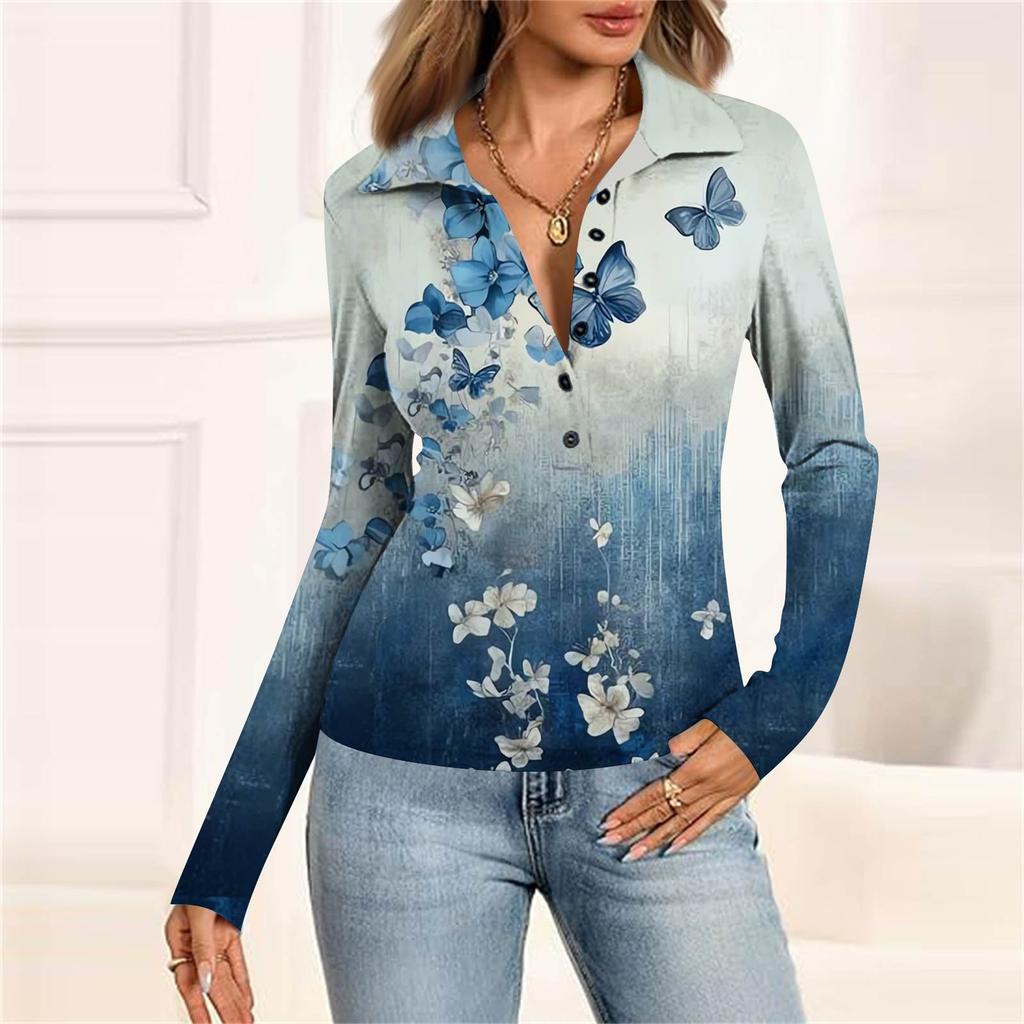 Женская мода Повседневный принт V-образный вырез Длинный рукав Застегивающаяся на пуговицы блузка