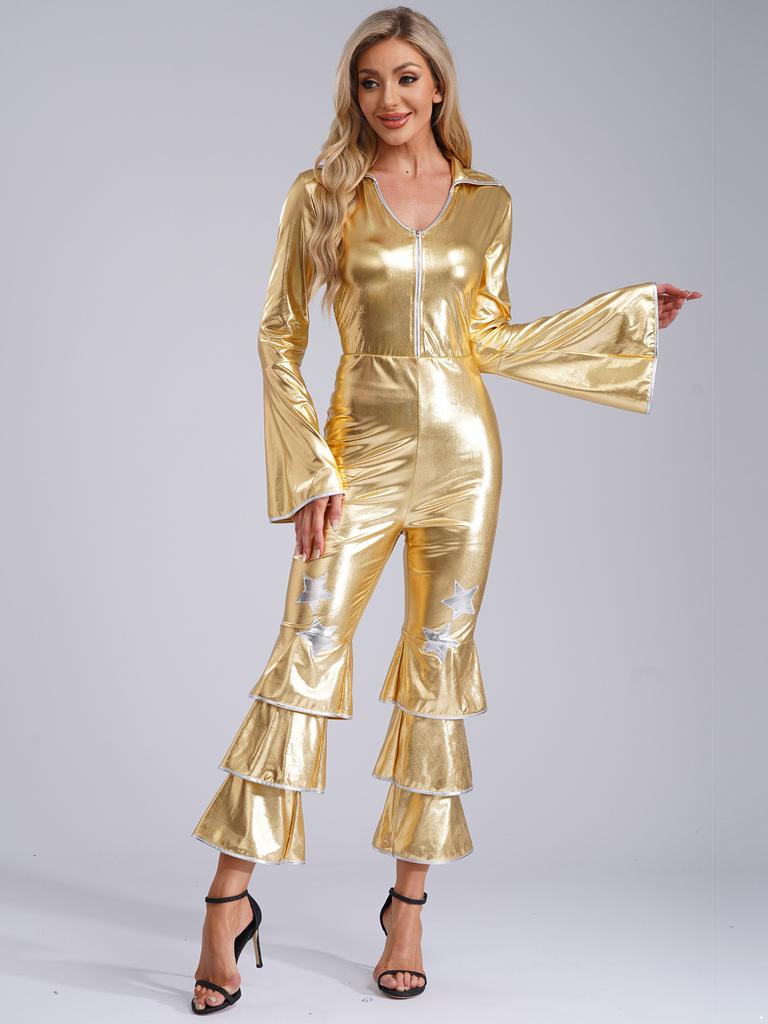 Women Flared Jumpsuit Bar Nightclub Disco Costume Sparkle Retro Cosplay Prom Party Costume 70s 80s Disco Outfit One Piece