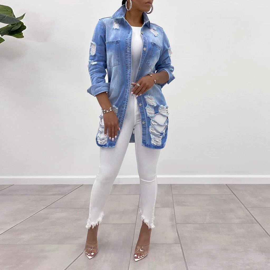 Women Casual Fashion Denim Jacket Long Jean Denim Jacket with Holes Showing Thin