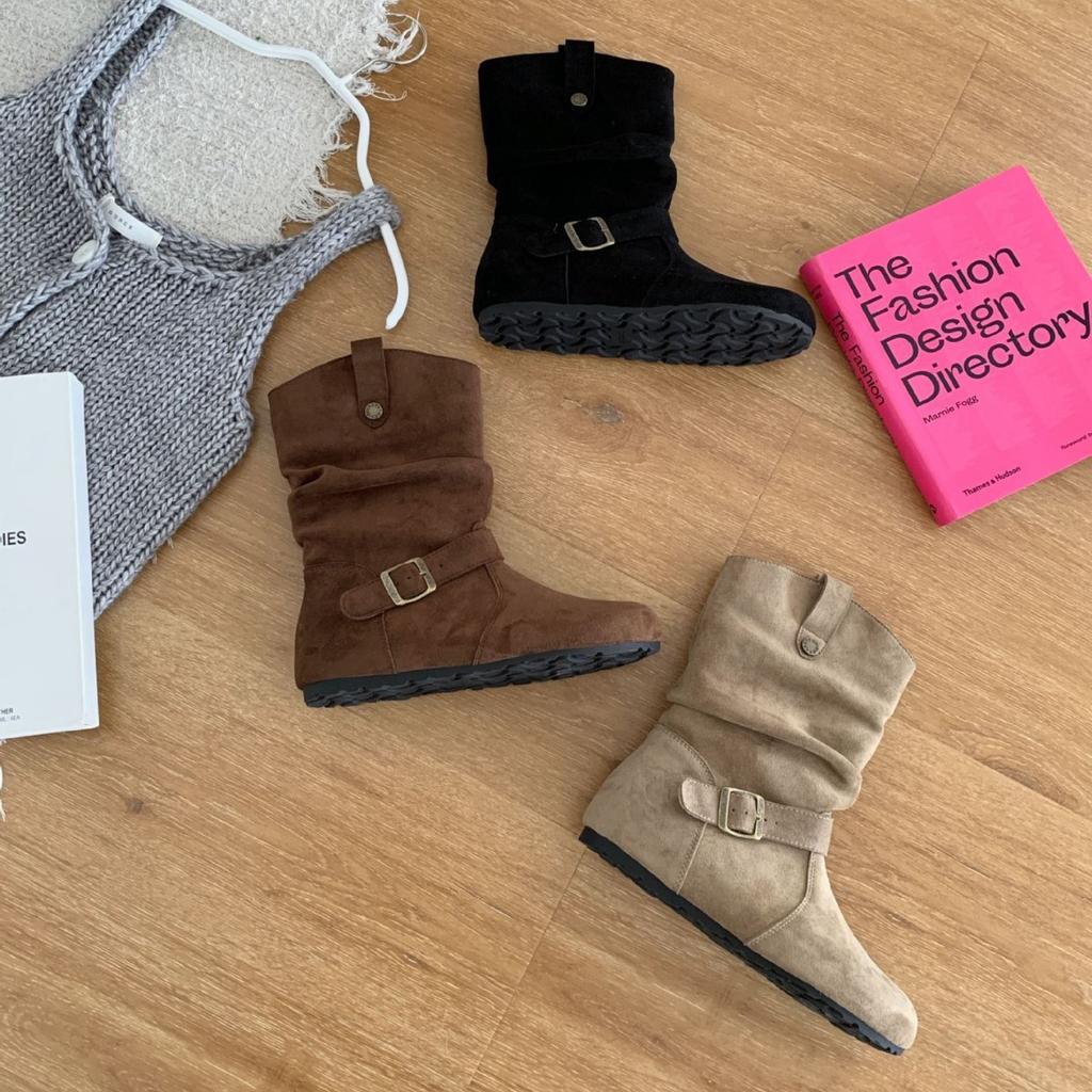 2025 winter new pleated stacking boots women's retro matte fleece western boots medium tube Martin boots inner heightening short boots