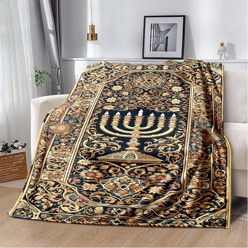 Golden Menorah Star David Red Floral Vintage Frame Black Print Soft Flannel Throw Blanket Sofa Bed Religious Holiday Warm Decor Cover