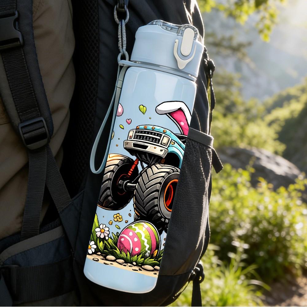 1PC Easter Bunny Monster Truck Print 750ml Color Plastic Sports Water Bottle Leakproof Flip Straw Lid Suitable for Sports Office Home Use