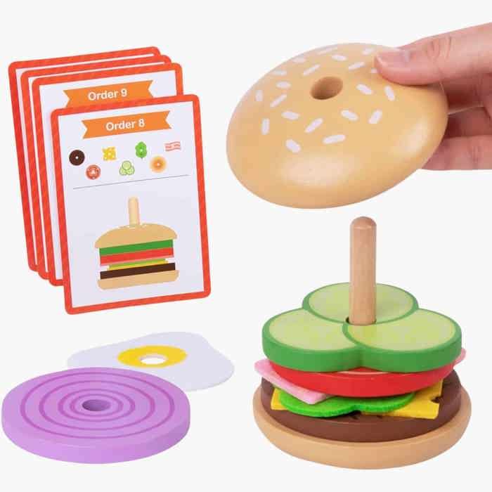 Деревянный гамбургер, деревянные штабелируемые игрушки, имитационная игра, игрушка Монтессори для детей