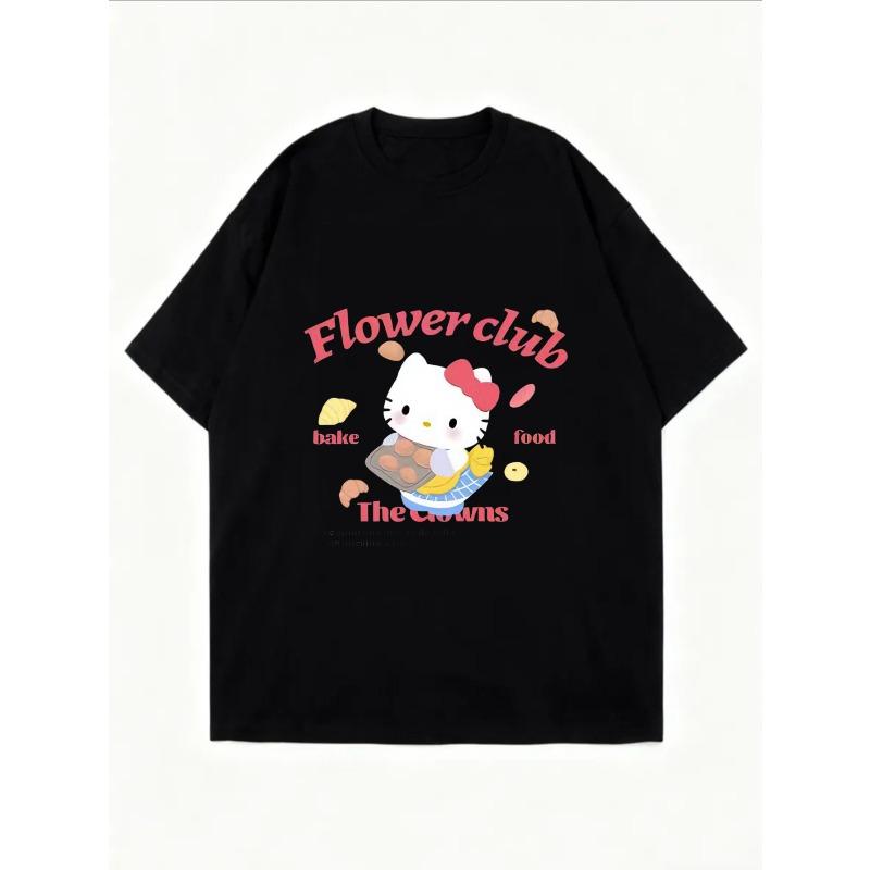 Белая футболка оверсайз с принтом Hello Kitty Flower Club Bake Food The Crowns идеально подходит для повседневной носки.