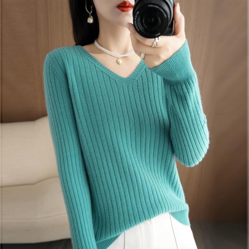 Women Sweater 2023 Autumn Winter Warm Pullover V-neck Stripe Slim Bottoming Shirts Long Sleeve Causal Korean Office Knit Jumper