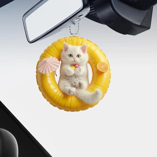 Плавательный круг, подвесное украшение в виде кота, украшение для дома, комнатная рождественская елка, зеркало заднего вида автомобиля, 2D, плоский лежащий котенок, акриловое подвесное украшение, мультяшное животное, подвеска