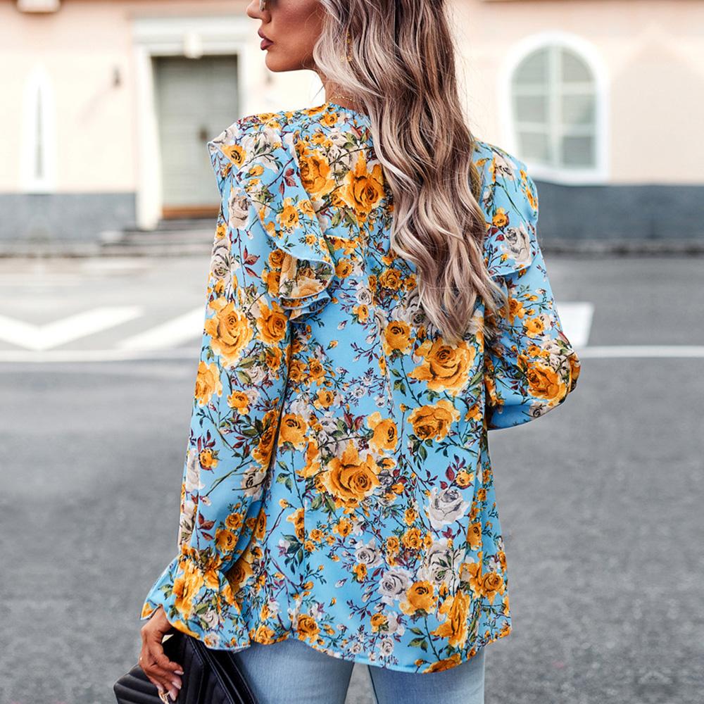 Женская осенне-зимняя рубашка с круглым вырезом и оборками, рукавами-фонариками, цветочная рубашка с принтом, топы