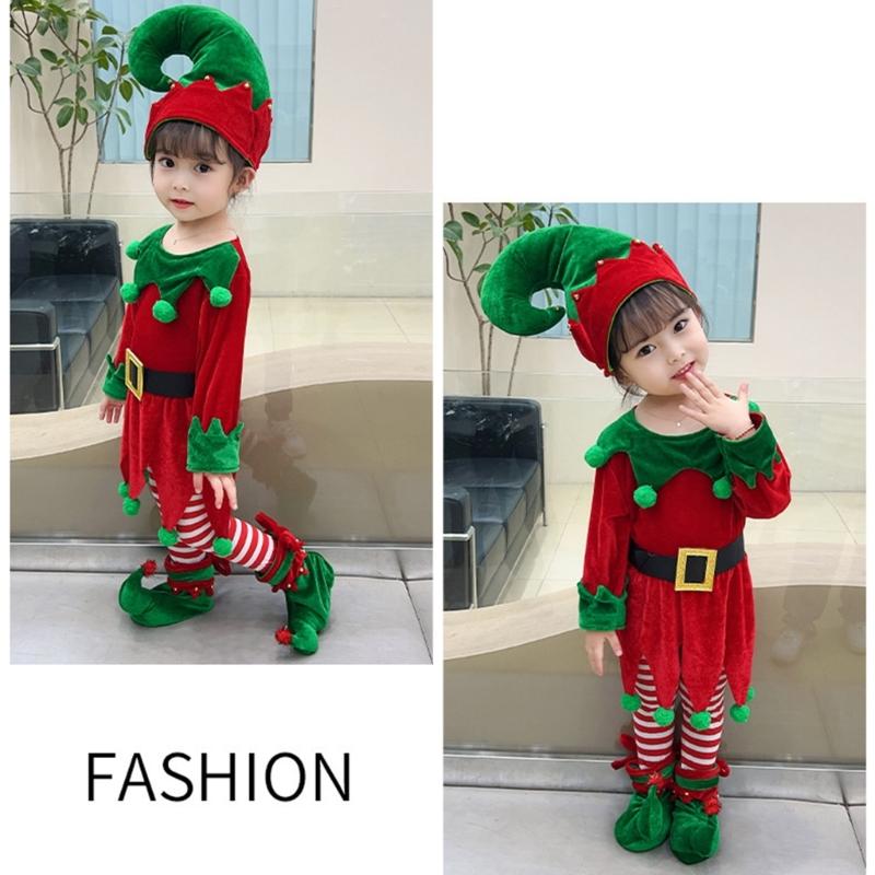 Children Christmas Dwarf Accessories for Boy Girl Kids Christmas Elf Costume Includes Elf Suit Elf Hat and Shoe Covers