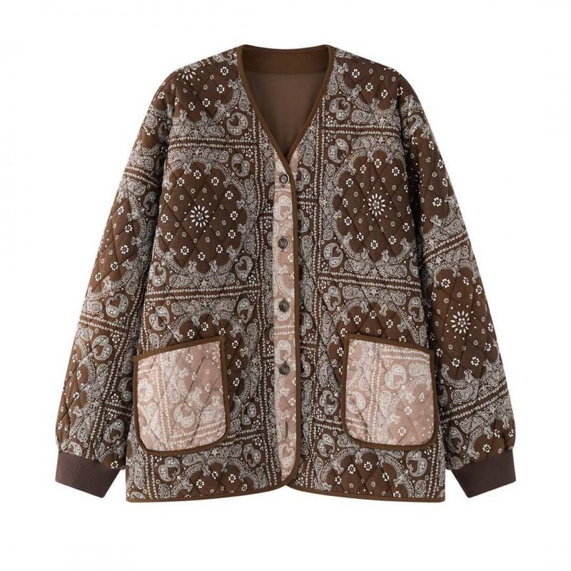 Womens Loose Fit V-Neck Cotton Puffer Coat With Paisley Print Winter Warm Oversized Jacket