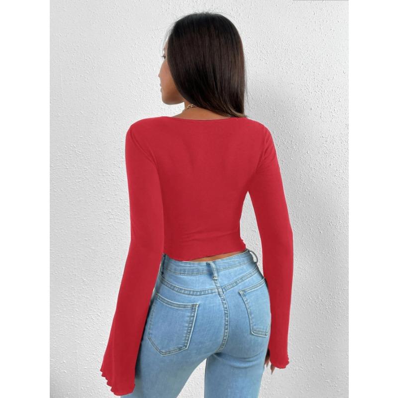 Women's T-shirt Vacation V-neck Trumpet Sleeve Waist Irregular Knitted Long-sleeved T-shirt Top