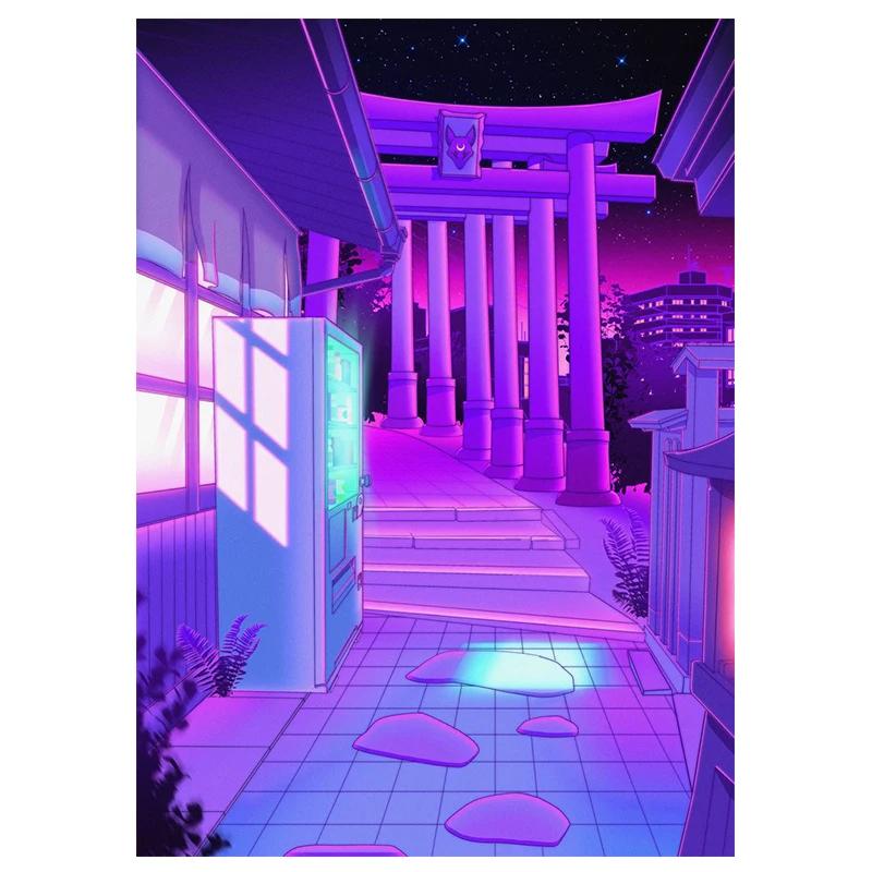 Постер в стиле 80-х Vaporwave Настенное искусство Городская ночь Улица Кошка Холст Живопись Принт Домашнее украшение Кавайная комната Декор Холст Картина
