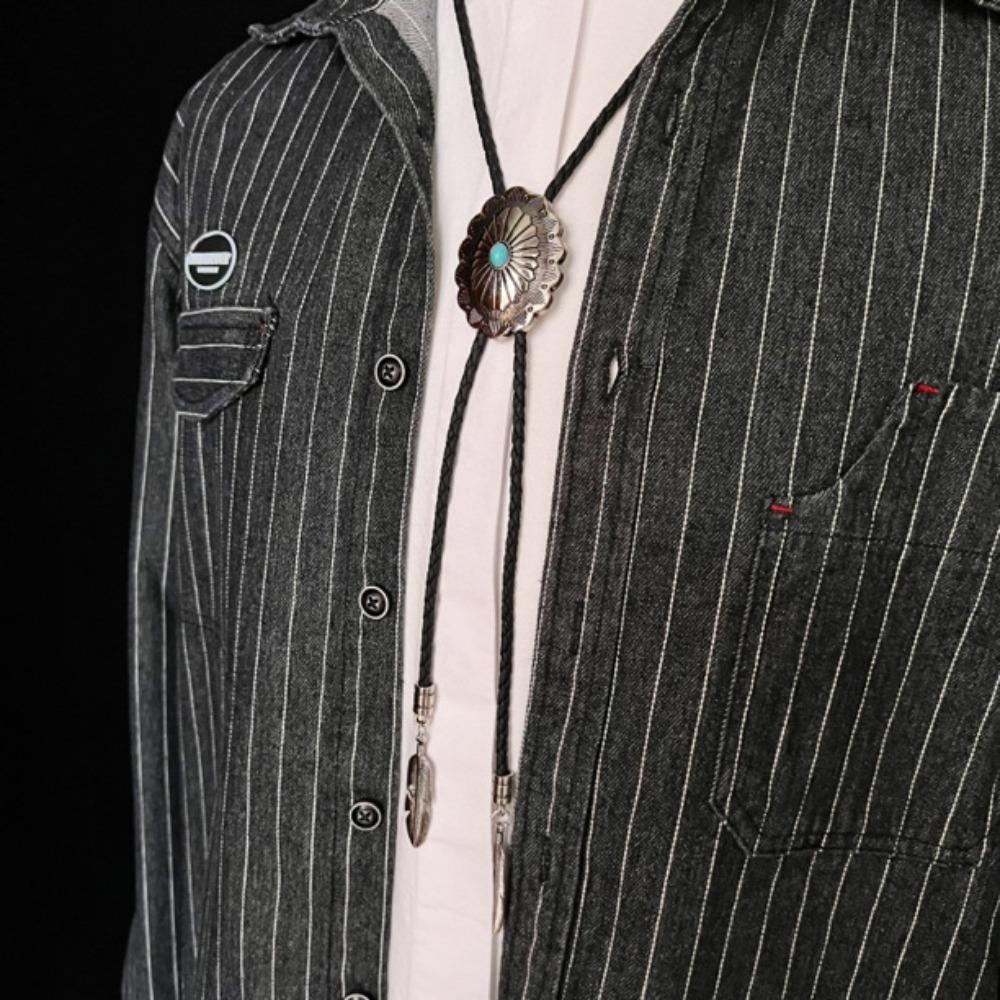 PU Woven Rope Indian Western Cowboys Bolo Tie Western Country Style Ethnic Style Turquoise Bolo Tie Sweater Chain Vintage