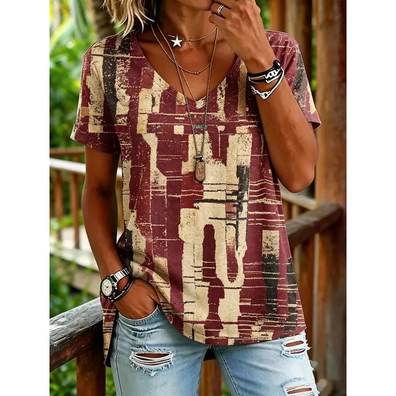 Women's V-neck T-shirt with abstract print, casual short-sleeve tops