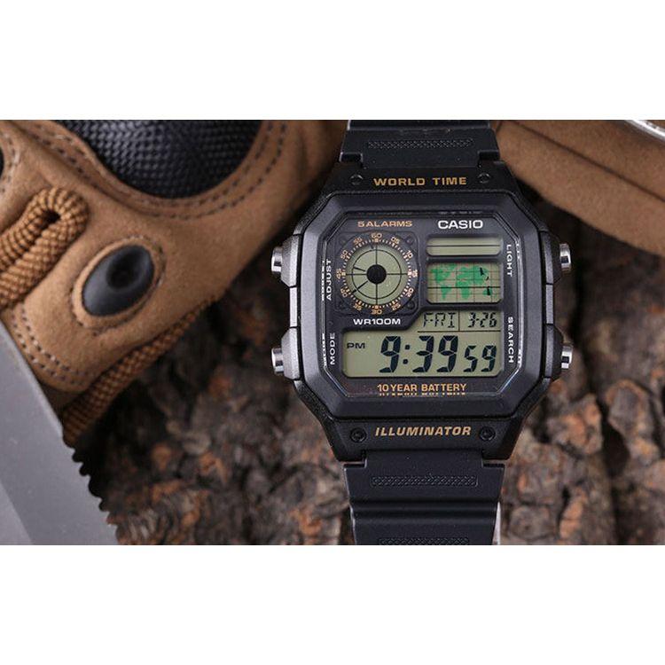 Casio Серия для молодежи Квадратный циферблат Цифровые Ретро Десятилетняя батарея Маленький квадратный Электронные 100-метровая водозащита Электронный механизм Ремешок из смолы AE-1200WH-1B