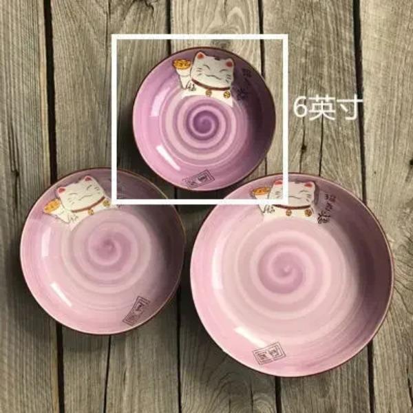 Мультяшная тарелка из керамики 'Счастливый кот' круглая, разных размеров, японская, креативная, разноцветная, кухонная, для дома, ручной работы, мультяшная обеденная тарелка