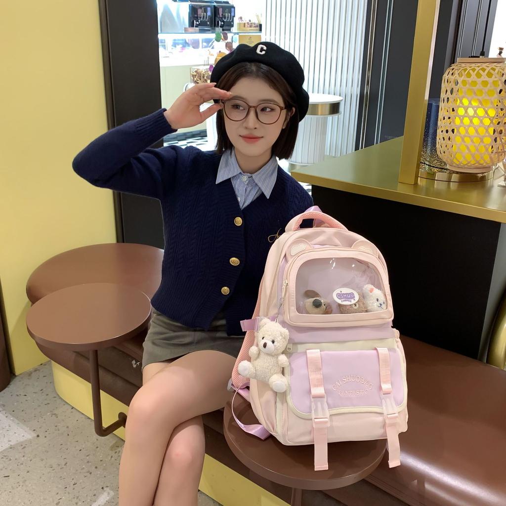 Schoolbag1011 autumn new high-value color matching design transparent pain bag cute cartoon student large-capacity backpack