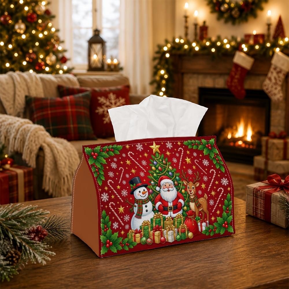 1pc Traditional Festive Scene Tissue Box - Multi-Functional Napkin Box, Available in Durable Polyester, Decorated with Santa Snowman Reindeer Pine Tre