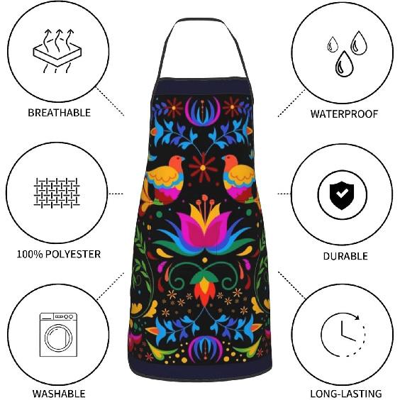 Mexican Floral Aprons, Waterproof Adjustable Apron for Kitchen Bbq with 2 Pockets, Gifts for Women Men