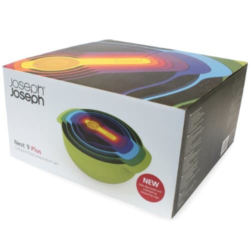 Joseph Joseph Nest 9 Plus 9-Piece Measuring Cup, Bowl, Drainer, and Measuring Spoon Set, Dishwasher Safe, Stackable, BPA-Free, Rainbow Colors [Authent