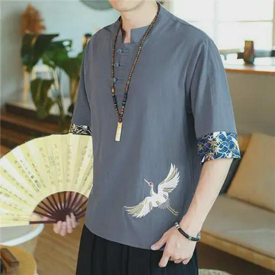 Мужская футболка с коротким рукавом из хлопка и льна с вышивкой «Китайский журавль»