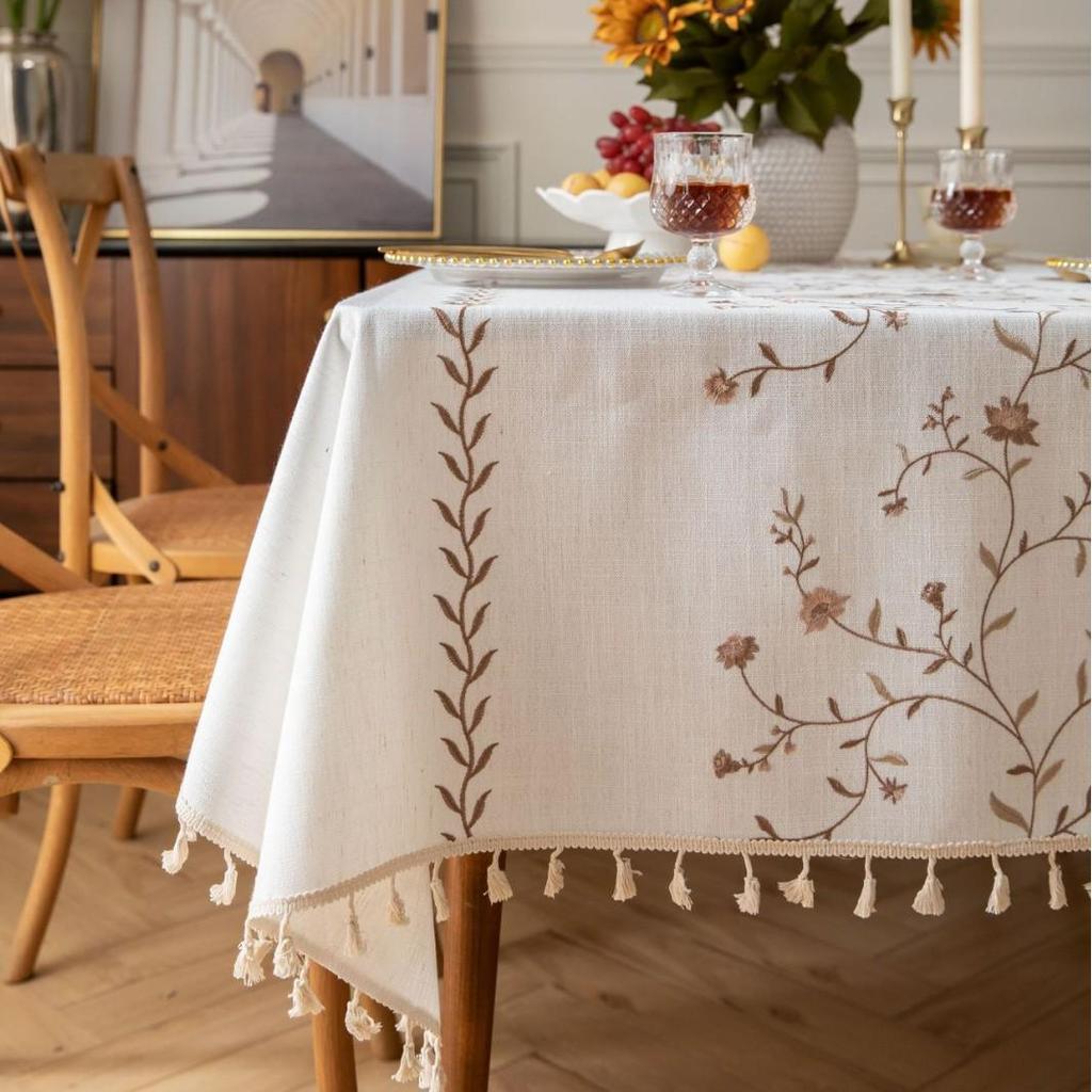 Jiexin European Style Embroidered Tablecloth - Coffee Leaves Design for Home Decor