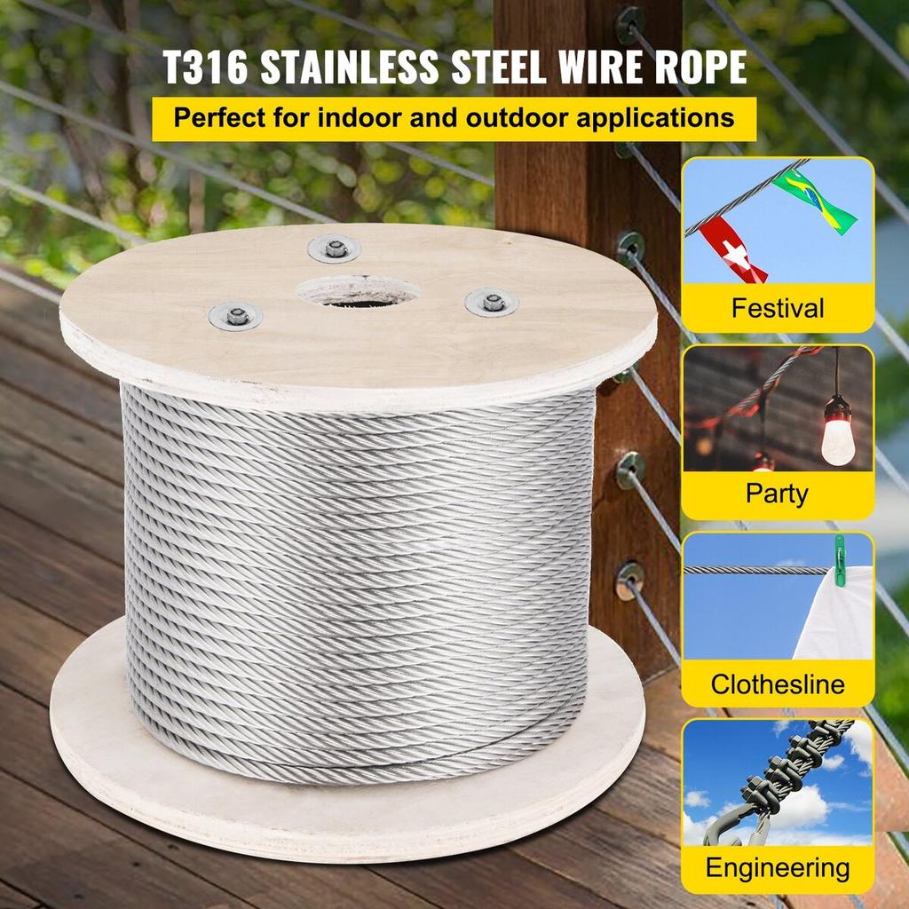 316 Stainless Steel Cable, 500FT Stainless Steel Wire Rope of 5/32 Inch Diameter and 1x19 Construction, 3300 LBS Breaking Strength Steel Cable for
