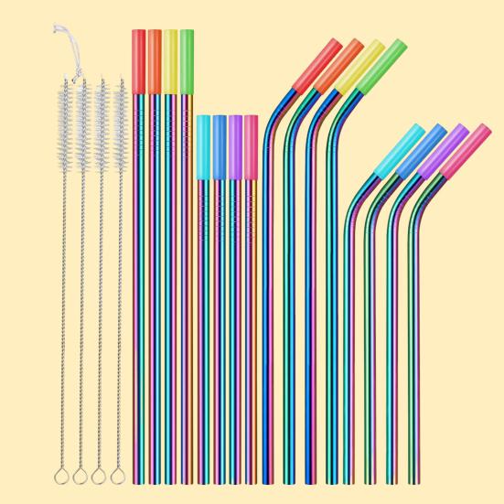 16 шт./компл., яркие цветные соломинки с силиконовыми наконечниками, устойчивые к ржавчине металлические трубочки, которые можно мыть в посудомоечной машине, соломинки для питья с чистящей щеткой