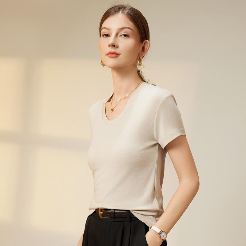 Women's New T-shirt Wool Acetate Lycra Soft U-neck Short Sleeve Skinny Tops