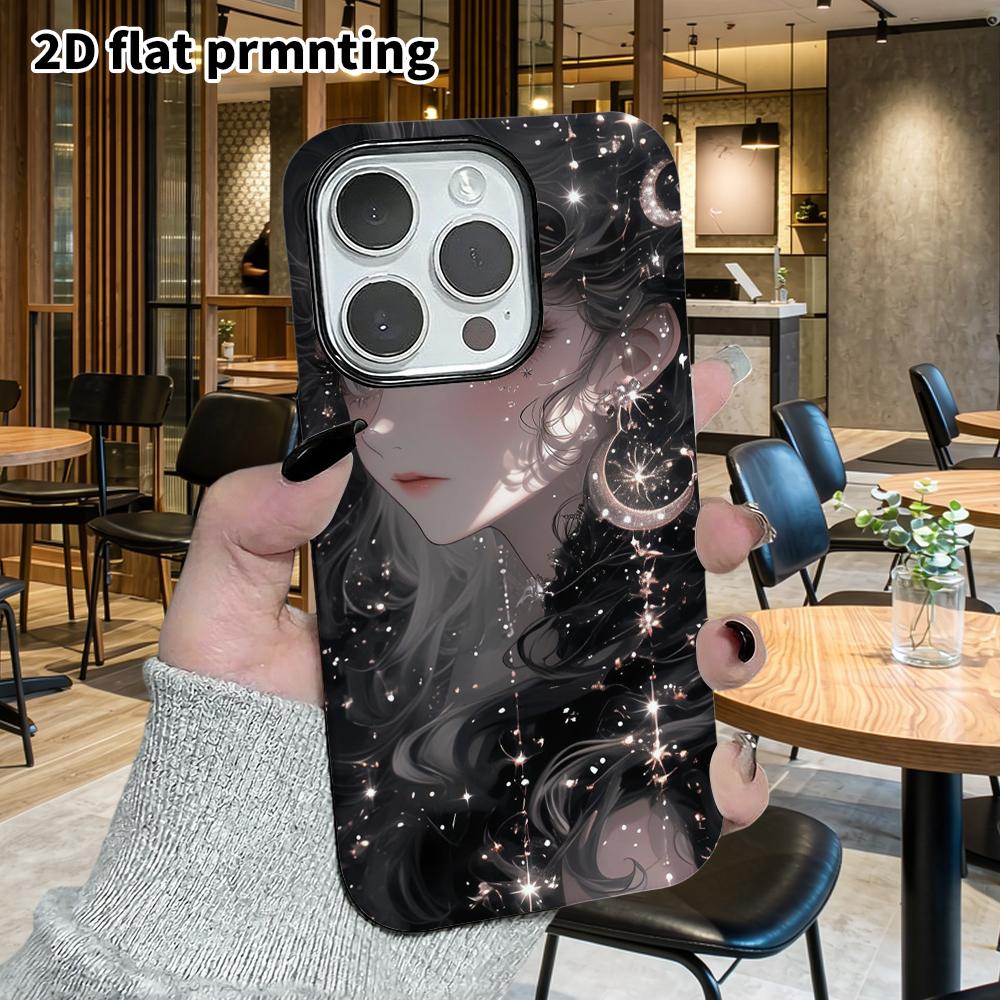 Phone Case: 2D flat design suitable for iPhone 18 17 16 15 14 13 Pro film protective case, couple style, front-facing star and moon girl, Christmas an