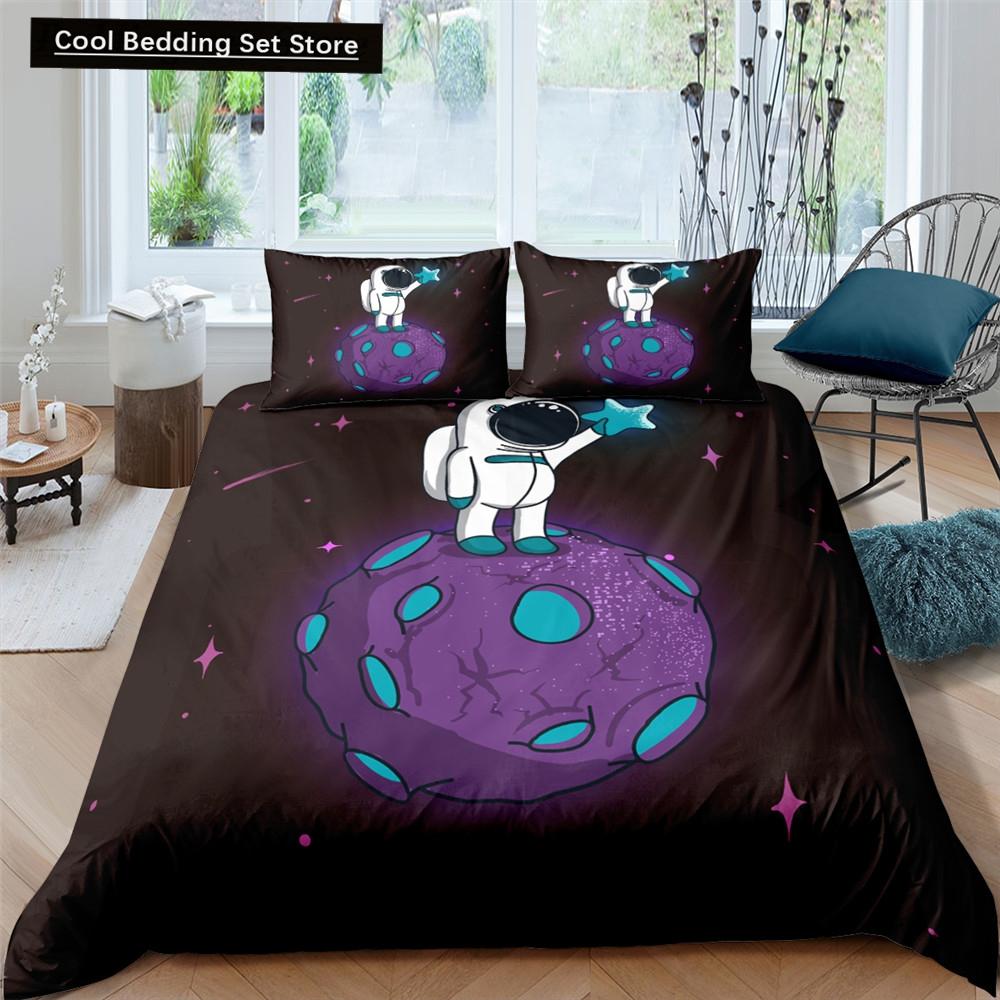 Cartoon Astronaut King Queen Duvet Cover Kawaii Spacecraft Bedding Set for Kids Outer Space Blue 2/3 Pcs Polyester Quilt Cover