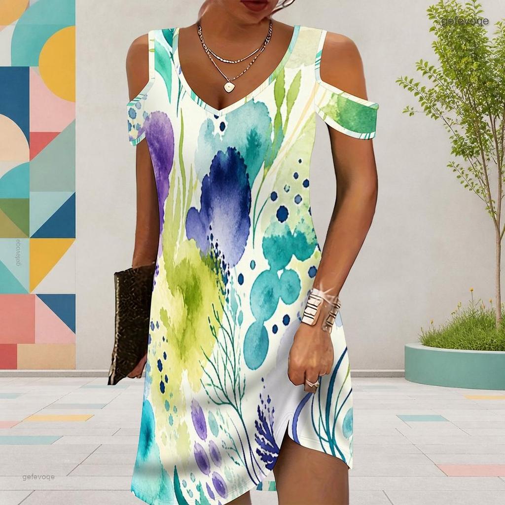 Women Plus Size V Neck Cold Shoulder Abstract Printed Short Sleeve Curved Hem Dress